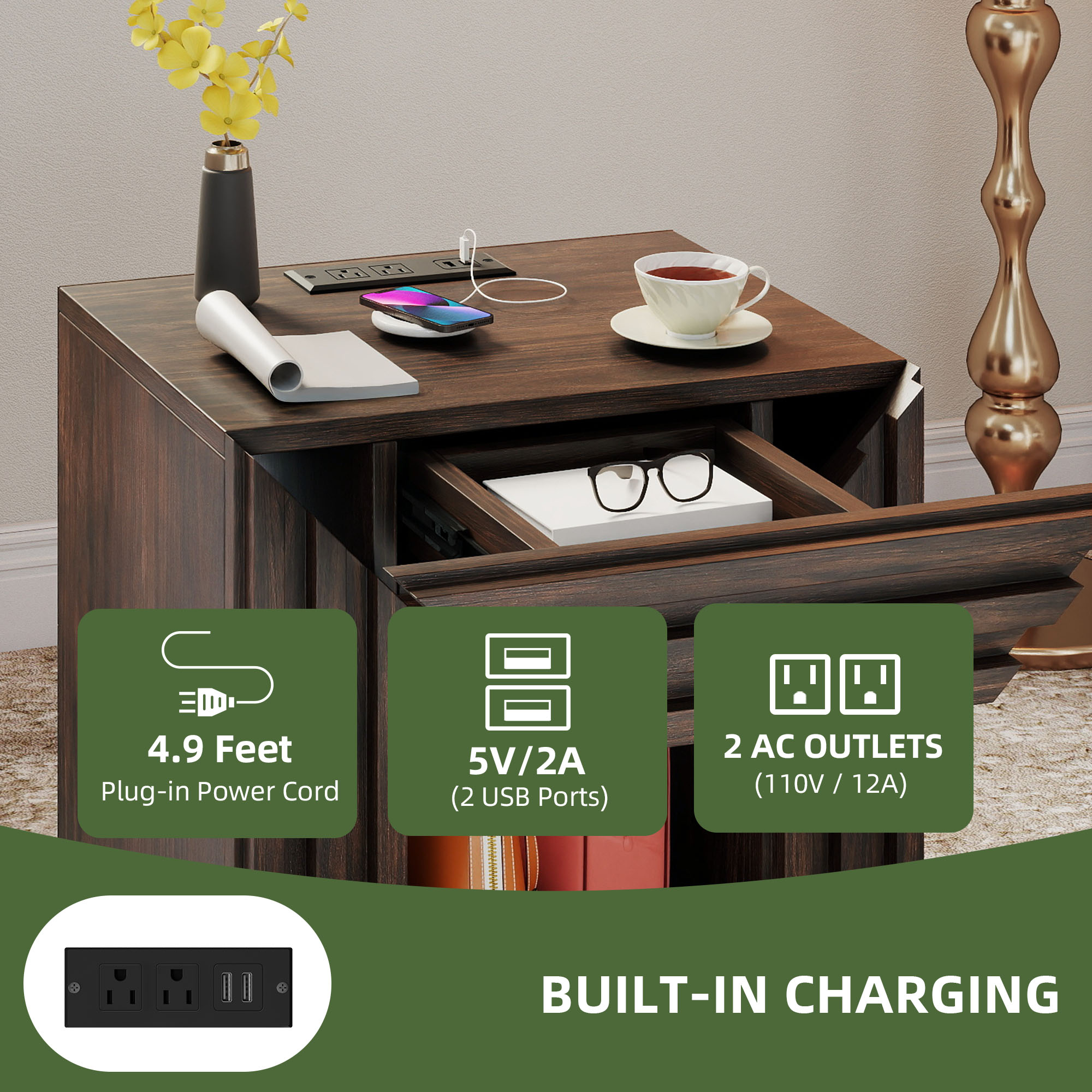 Uforic Square End Table with Charging Station & Storage Drawer, Rustic Side Table, Walnut