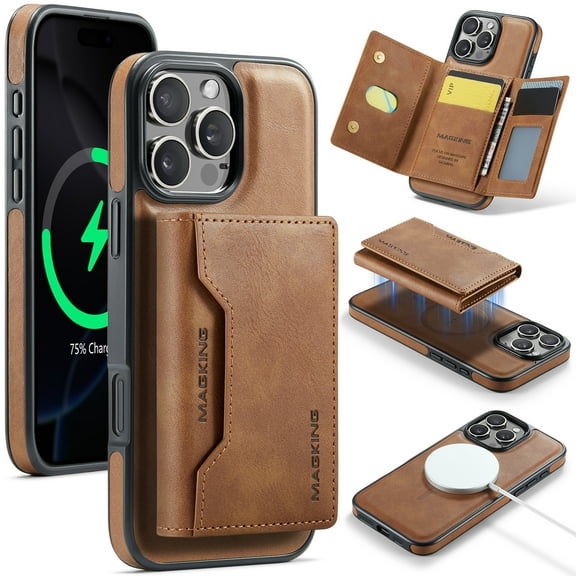 Magnetic Wallet Case for iPhone 16 Pro Max with Card Holder, Detachable Wireless Charging Faux Leather Kickstand Case with 8 Card Slots, RFID Blocking - 6.9 inch (Brown)