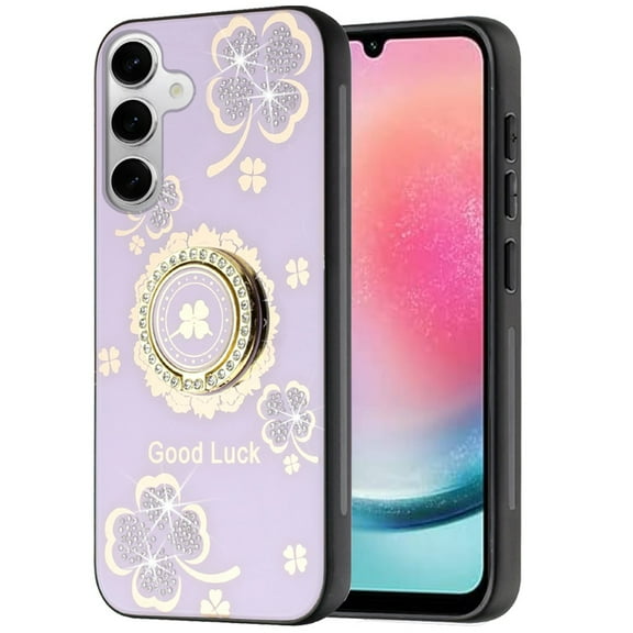 For Samsung Galaxy A26 Case, Diamonds 3D Fashion Floral Bling Sparkly Glitter Ornaments Engraving Hybrid with Ring Stand Phone Cover (Purple Good Luck Floral)
