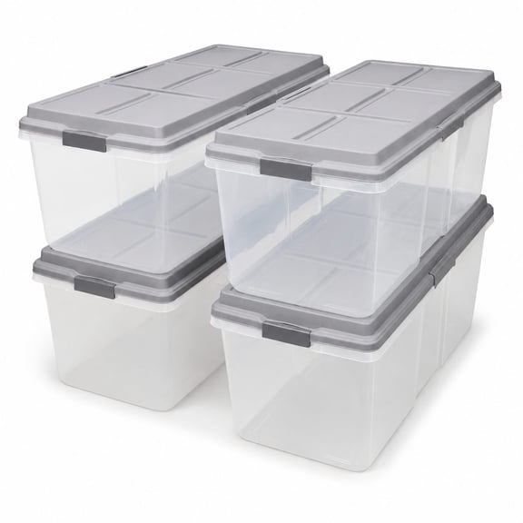 4-Pack 113 Quart Tall Stackable Plastic Storage Bins with Gray Lids, for Home, Garage, Closet Organization
