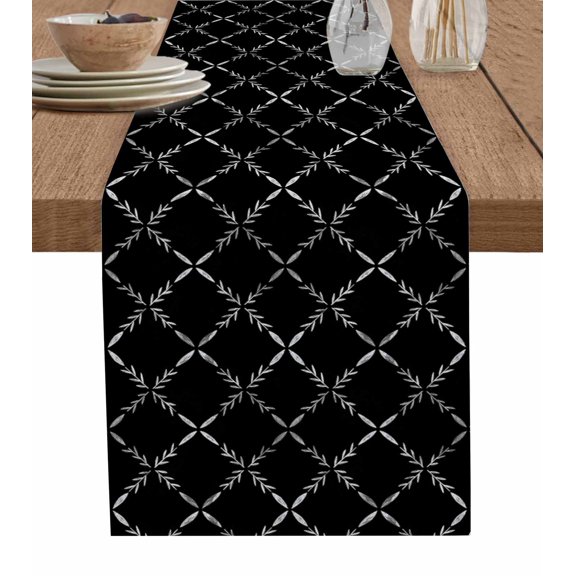 Table Runner Dresser Scarves 60 Inch Long,Minimalist White Lattice Texture on Black Linen Dining Table Runners Arrow Stripe and Checker Tabletop Scarf for Wedding Holiday Party Kitchen