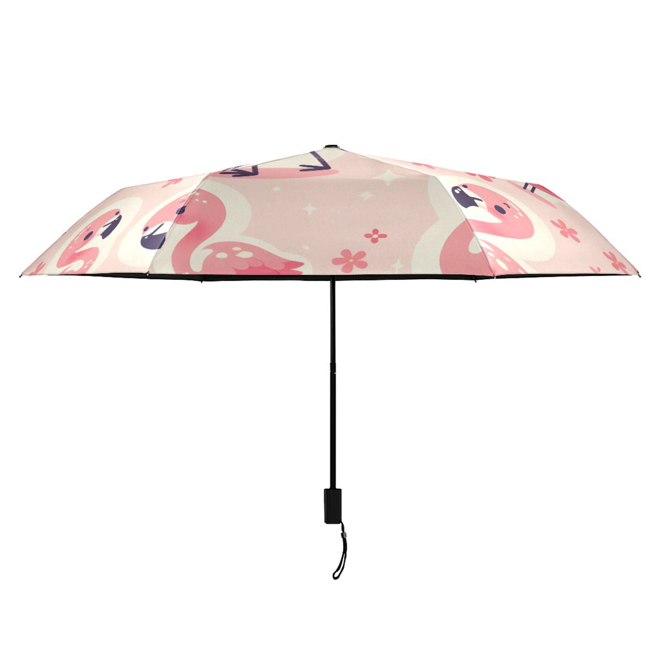 Cute Pink Flamingo and Flowers Compact Sun Umbrella Windproof Travel Umbrellas for Rain Strong Portable UV Protection