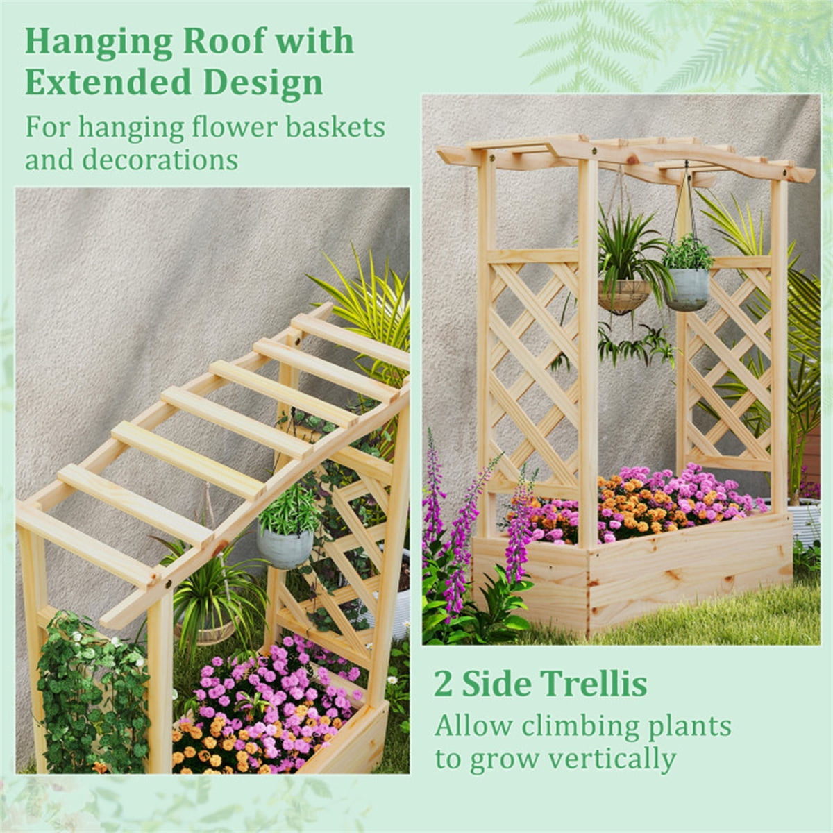 1 Pack Wooden Raised Garden Bed Planter Box with Hanging Roof 44Inch Pine Wood Elevated Outdoor Indoor Patio Balcony Backyard Flowers Herbs Vegetables Trellis Drainage Natural Easy Assembly