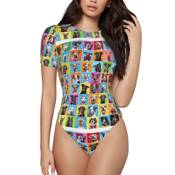 Balery Cute Dogs Collage Body de cuello redondo de manga corta para mujer Tops de manga corta Tops básicos-Large