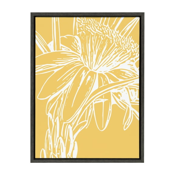 Kate and Laurel Sylvie Flower in Yellow Framed Canvas Wall Art by Apricot and Birch, 18x24 Gray, Floral Art for Wall