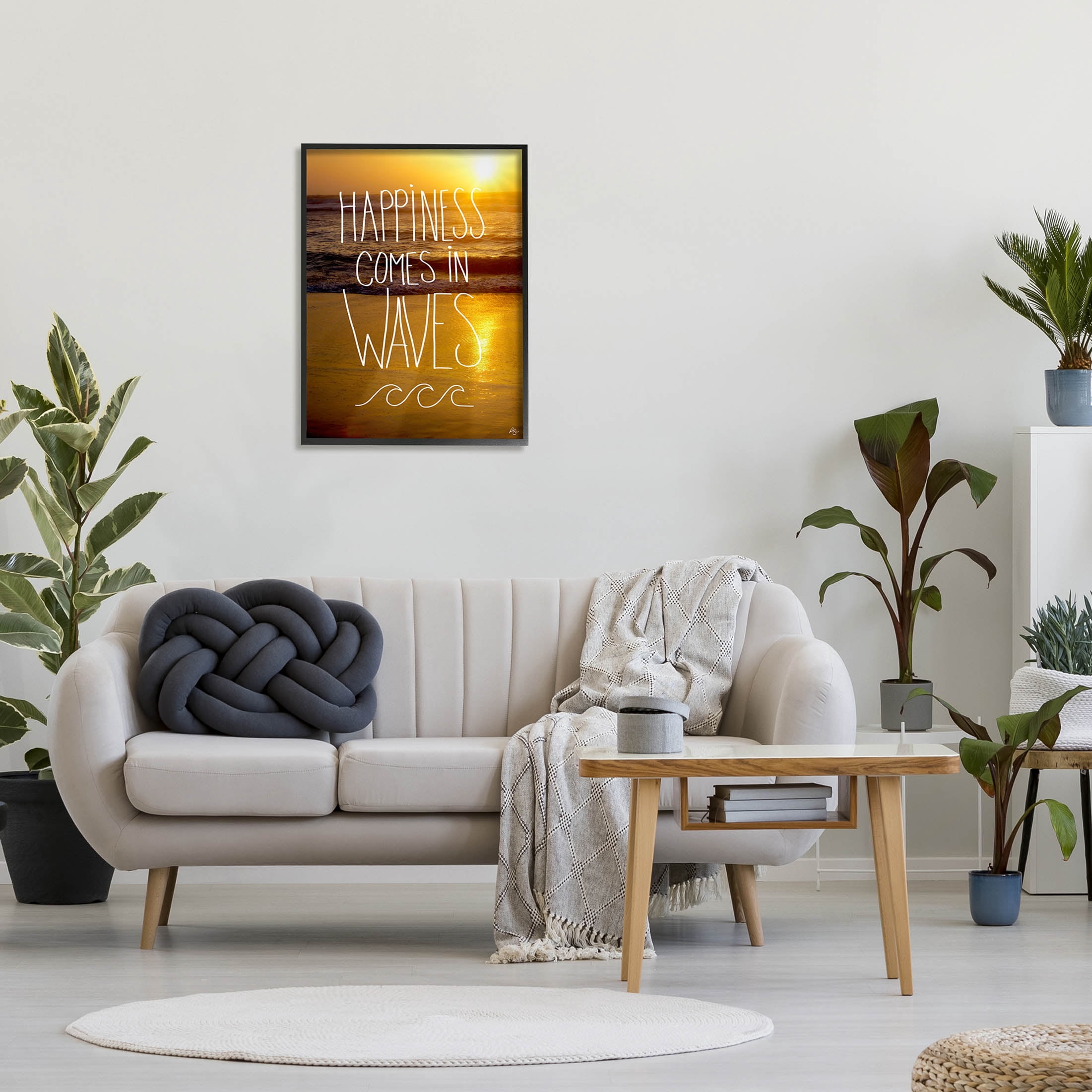 Stupell Industries Happiness Comes In Waves Phrase Graphic Art Black Framed Art Print Wall Art, Design by K. Kaufman