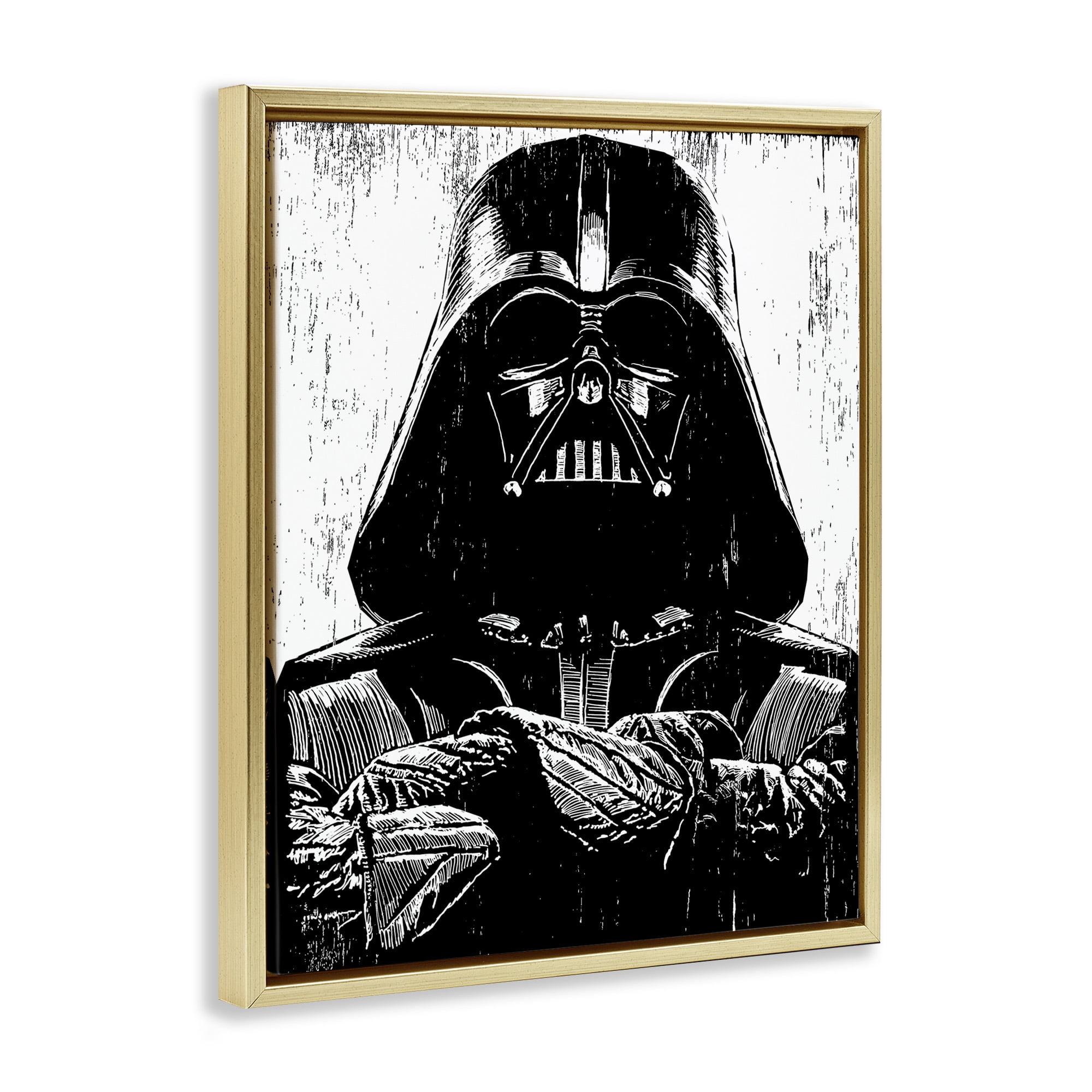 Stupell Industries Black and White Star Wars Darth Vader Distressed Wood Etching Metallic Gold Framed Floating Canvas Wall Art, 16x20, by Neil Shigley