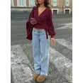 thumbnail image 4 of Women'S V Neck Wrap Sweater Long Lantern Sleeve Cinched Waist Crop Tops Fall Knitwear Red M, 4 of 8
