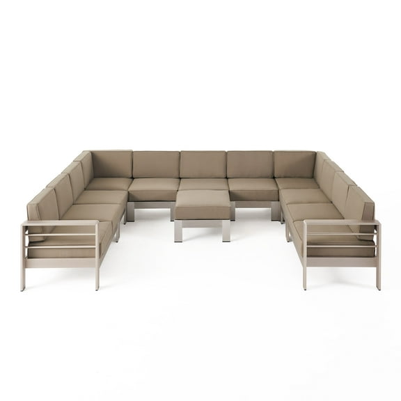 GDF Studio Crested Bay Outdoor Aluminum 11 Seater Sectional Sofa Set with Ottoman, Silver and Khaki