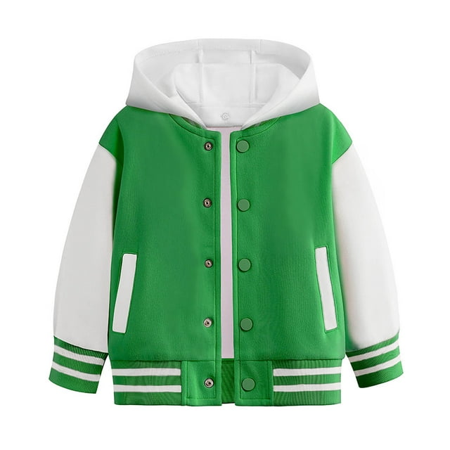 XASZHN Child Boys Girls Autumn Spring Long Sleeved Color Block Baseball Hooded Coat Top Clothes Green 4-5 Years