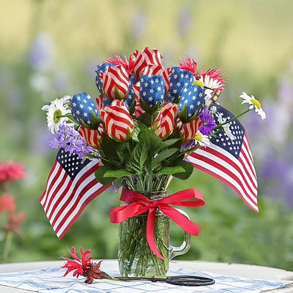 Patriotic Artificial Flowers Memorial Bouquet Fake Red White and Blue Cemetery Flowers with American Flags for Grave 4th of July Memorial Day Independence Day Veterans Home Decoration
