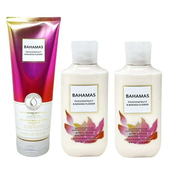 Bath & Body Work BAHAMAS PASSIONFRUIT & BANANA FLOWER Value Pack - 2 Body Lotion and a Moisturizing Body Wash - Full Size