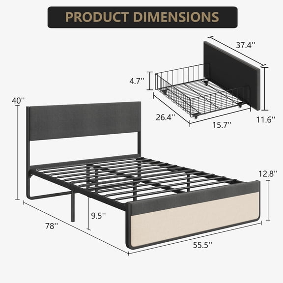 Luku Solid Metal Slat Platform Bed, Full Size, Grey, No Box Spring Needed