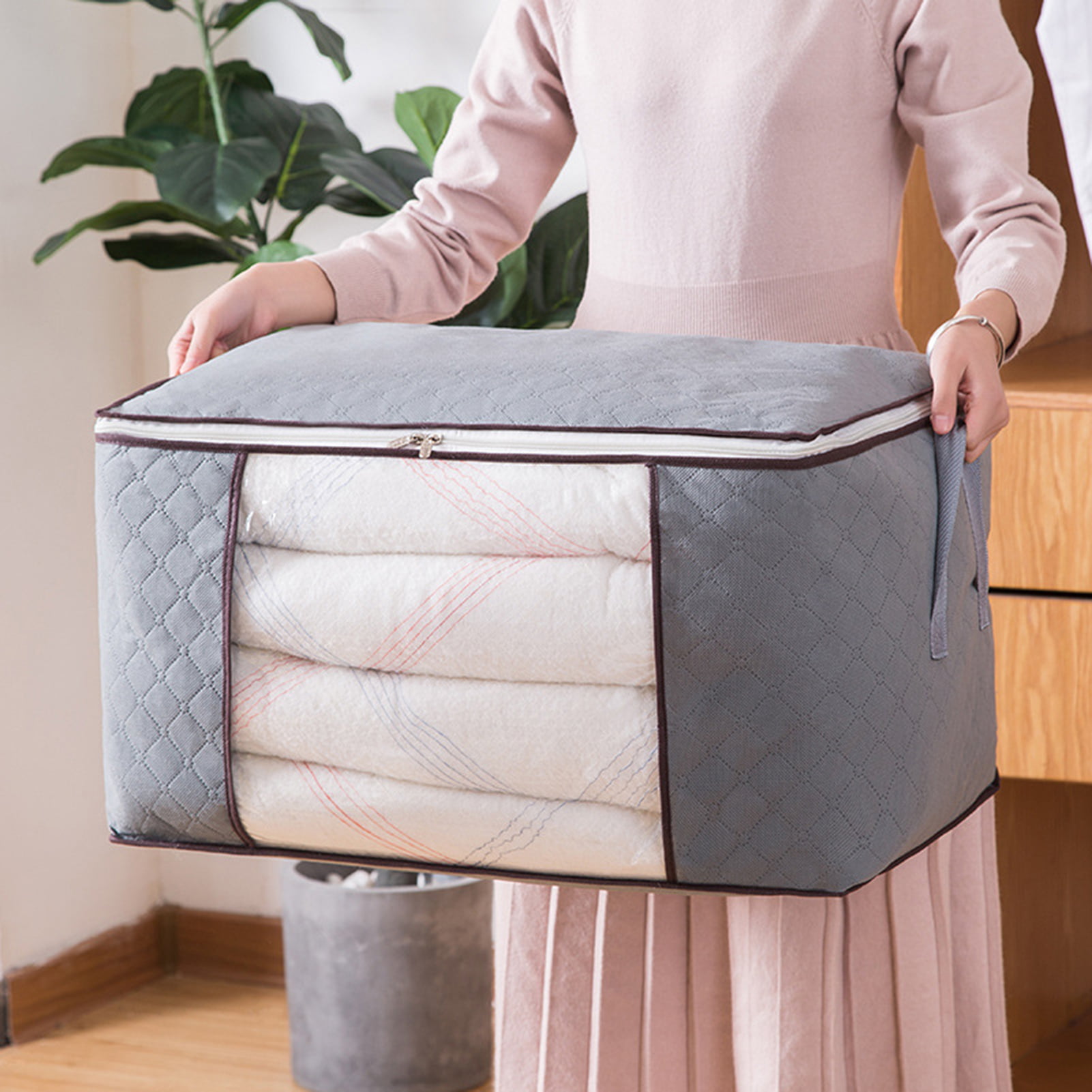 HEVIRGO Blanket Storage Bag Foldable Space-saving Non-woven Fabric Folding  Stackable Blanket Storage Bag for Wardrobe, Grey
