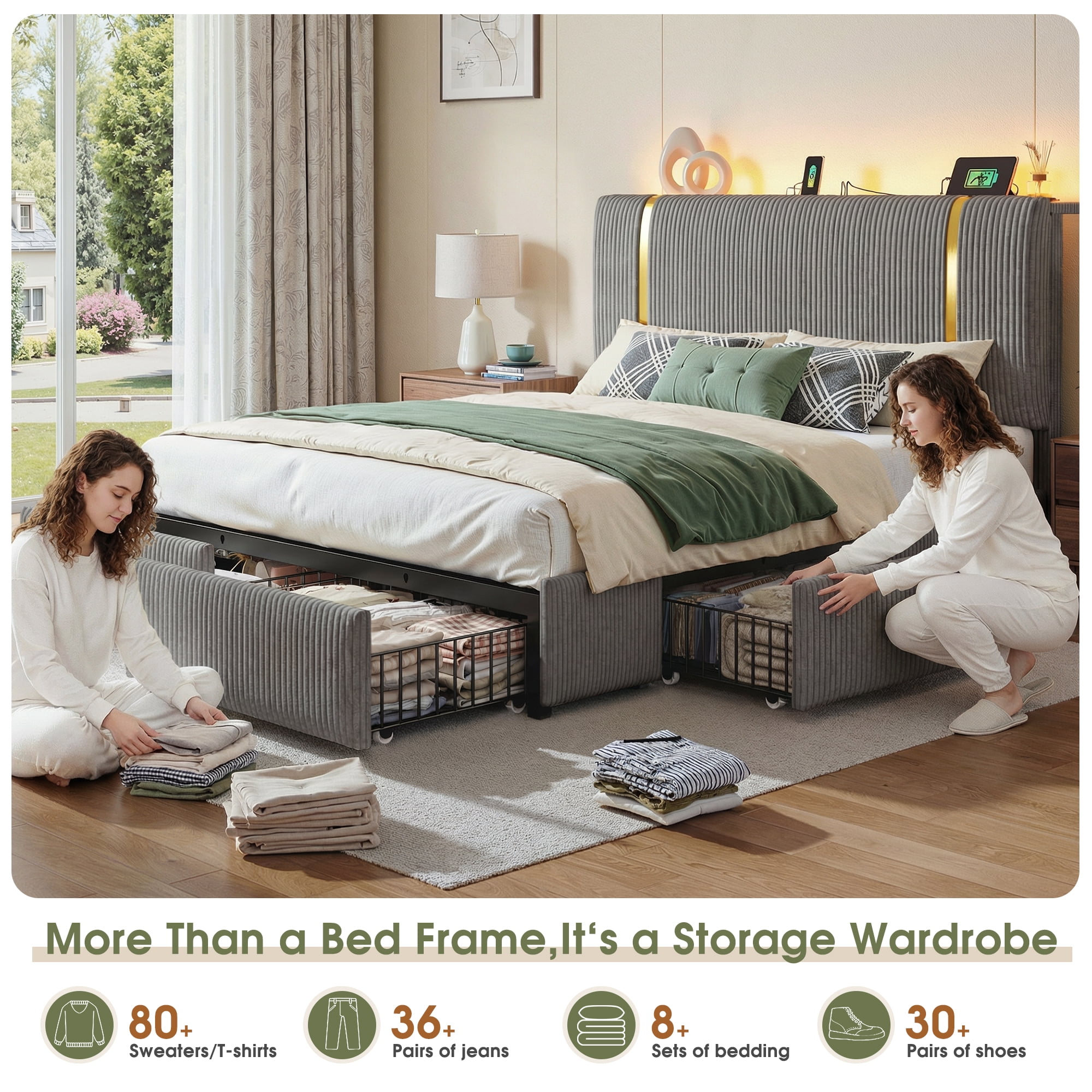 Upholstered Bed Frame with 6 Storage Drawers King Size Storage Bed Frame with LED Lights & Charge Station & Shelf & Adjustable Headboard,Grey