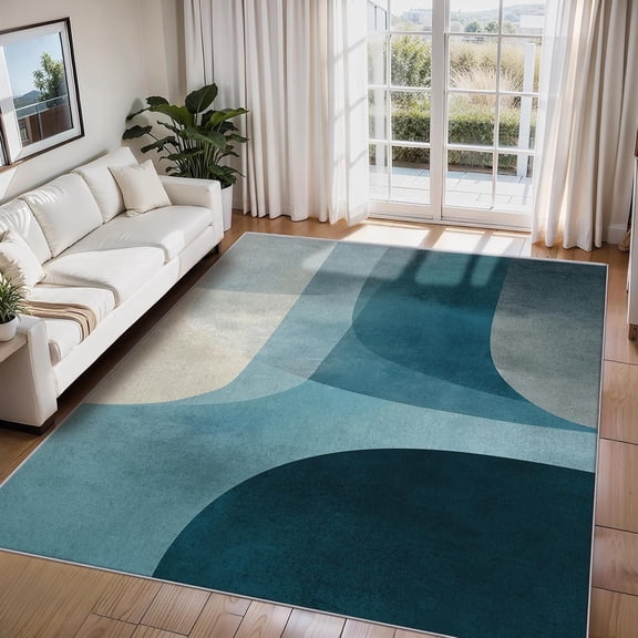 Mid Century Modern Area Rugs, Blue Abstract Geometric Carpet, Washable Non Slip Low Pile Soft Rug for Bedroom Living Room Decor Mat 2ftx3ft