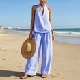 thumbnail image 7 of Dianli 2 Piece Sets for Women Summer Linen Plaid Two Piece Set V Neck Top and Wide Leg Pants Matching Outfit Stylish Casual Wear for Women Summer Vacation Travel and Daily Use Blue XL, 7 of 7