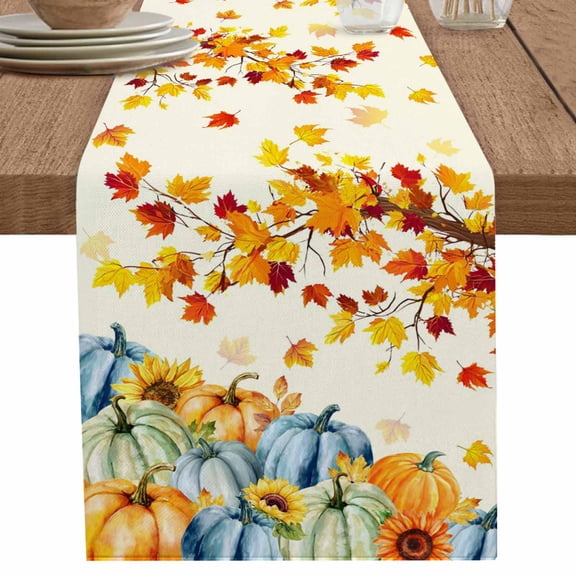 nqOlkjepod Thanksgiving Maple Table Runner 36 Inches Long Farmhouse Dress Scarves, Orange Blue Pumpkins Fall Leaves Dining Tablerunner for Coffee Table/Kitchen Island/Party Décor, Small 13" x 36"