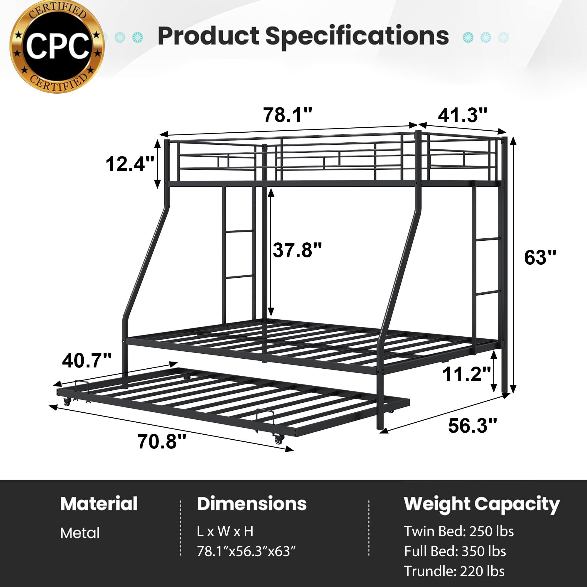 Metal Twin Over Full Bunk Beds with Trundle Bed, UHOMEPRO Twin Over Full Bunk Beds for Kids Adults Teens, Dorm Room Bunkbed with Trundle, 2 Ladders, CPC Certification, No Box Spring Needed, Black