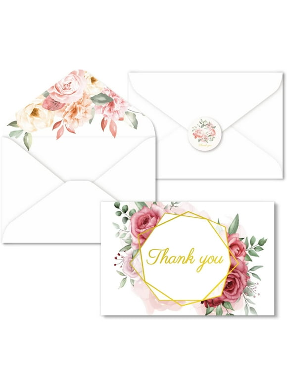 VUDECO Gold Foil Floral Thank You Cards Bulk 24 Pack 4X6 Boho Small Baby Shower Thank You Cards With Envelopes Flower Stickers Boy Girl Blank Elegant Wedding Thank You Cards Pink Notes Holiday Bridal