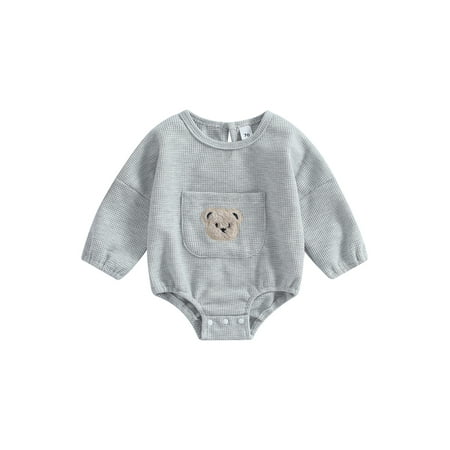 

Coduop Newborn Baby Boy Girl Romper Long Sleeve Bear Front Pocket Waffle Knit Bodysuit Top