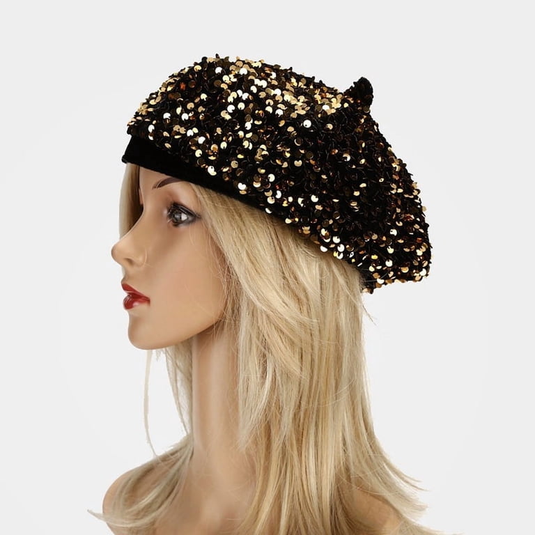 3871 Women Girls Sparkly Sequin Beret Glitter Stretch Vintage Hat Beanie Cap YeeHeen Women Bling Beret Hats Sparkly Sequin Glitter Beanie  main image 3