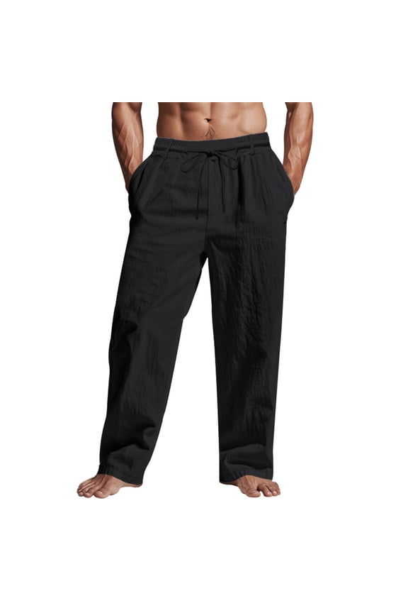 Men's Linen Cargo Pants Lightweight Elastic Waist Drawstring Casual Loose Yoga Pants with Pockets 2026 Black S