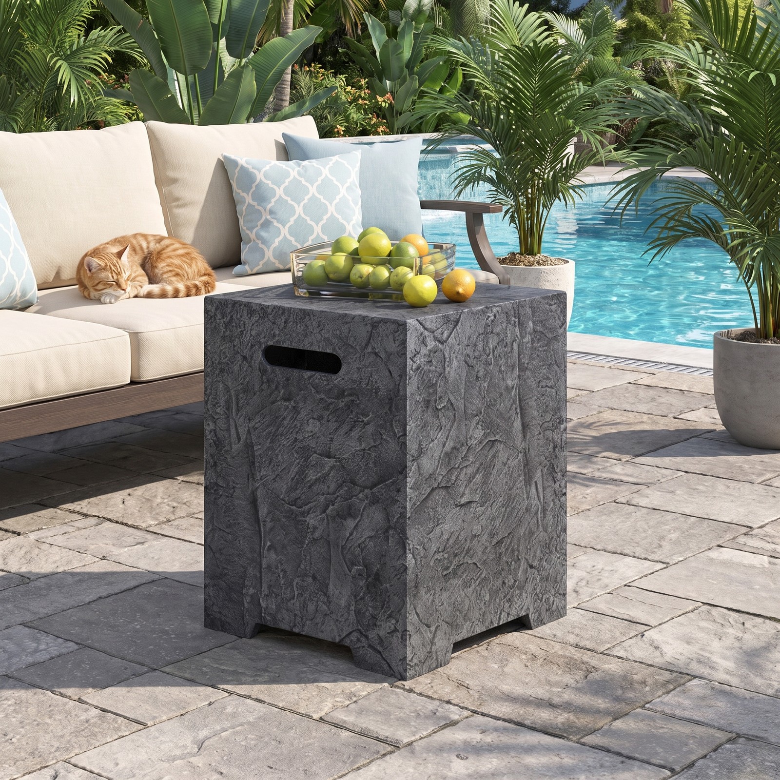 Biotree Propane Tank Cover Table, Outdoor Gas Tank Storage Hideaway Holder with Cut-Out Handles and Rain Cover, Weather-Resistant Side Table for 20 lb Tanks, Gray