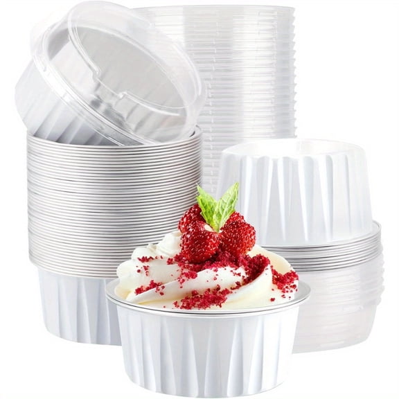 24pcs Mini Cheesecake Containers, 5oz 125ml Aluminum Foil Muffin Liners Cups with Lids, Cupcake liners Baking Cups, Disposable Foil Ramekins Creme Brulee Pans Holders, Mini Pie Pans with Lids