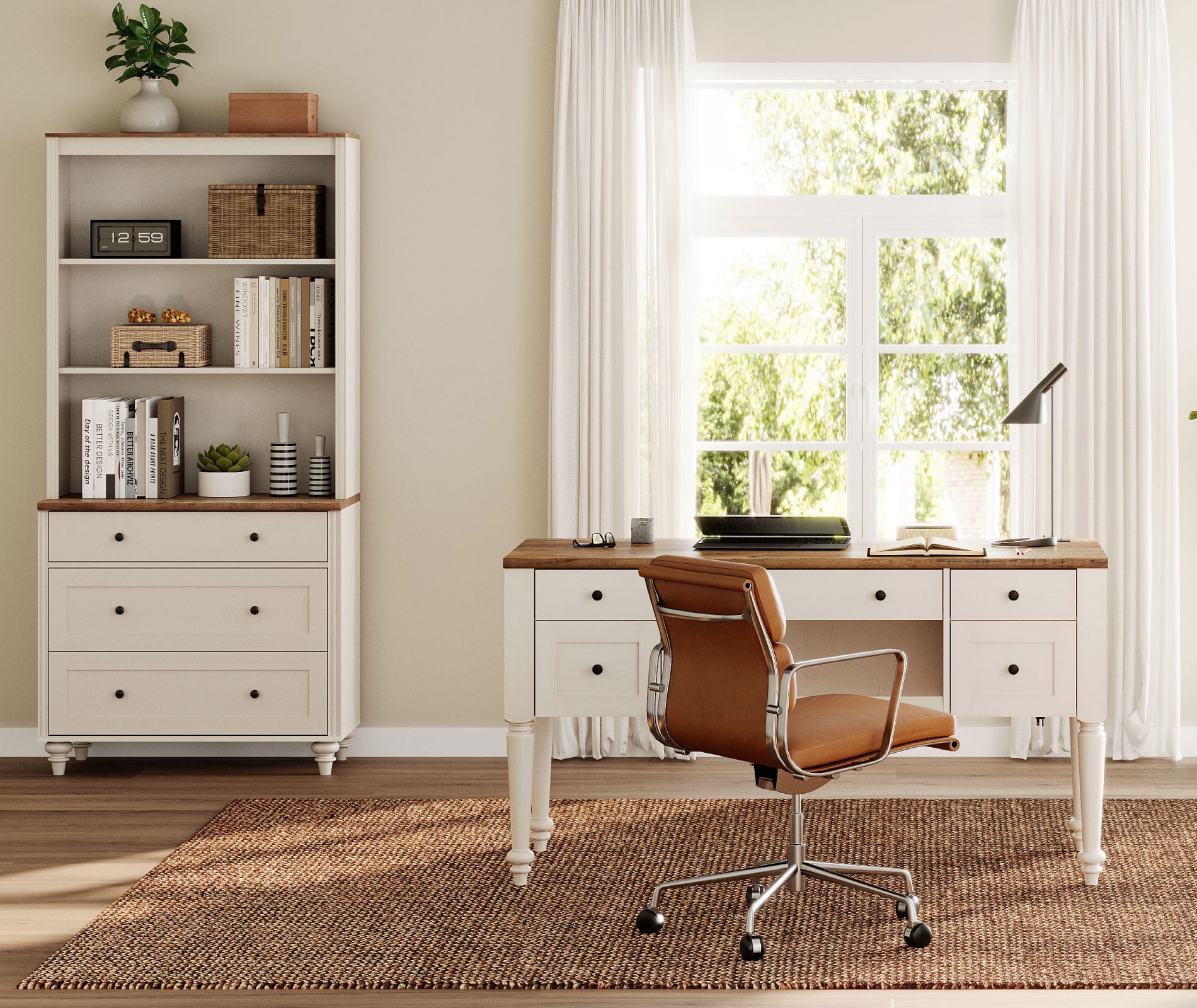 White Home Office Furniture Set, 56" Executive Desk with Charging Station, 72" Tall Bookcase with 3 Drawers, Wood Computer Desk with File Cabinet Storage, Open Shelf