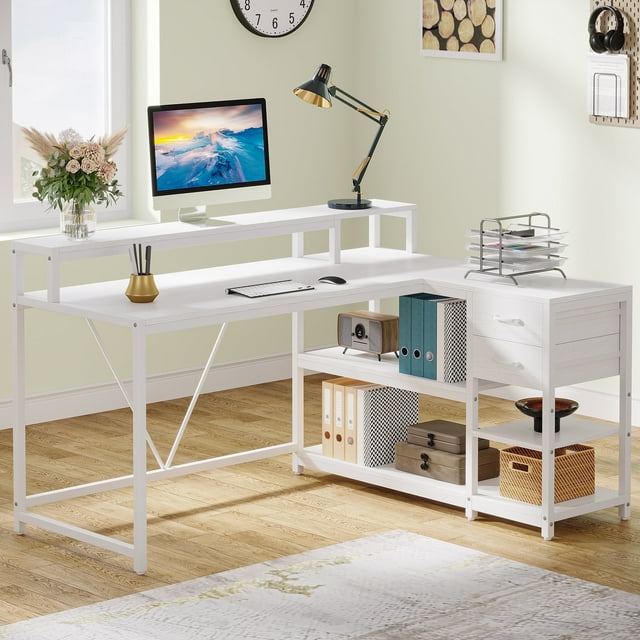 Fnova Bureau de 55 Pouces avec Tiroir, Table Moderne Réversible en L Blanche Bureau d'Ordinateur d'Angle avec Étagères de Rangement et Support pour Moniteur pour Bureau à Domicile