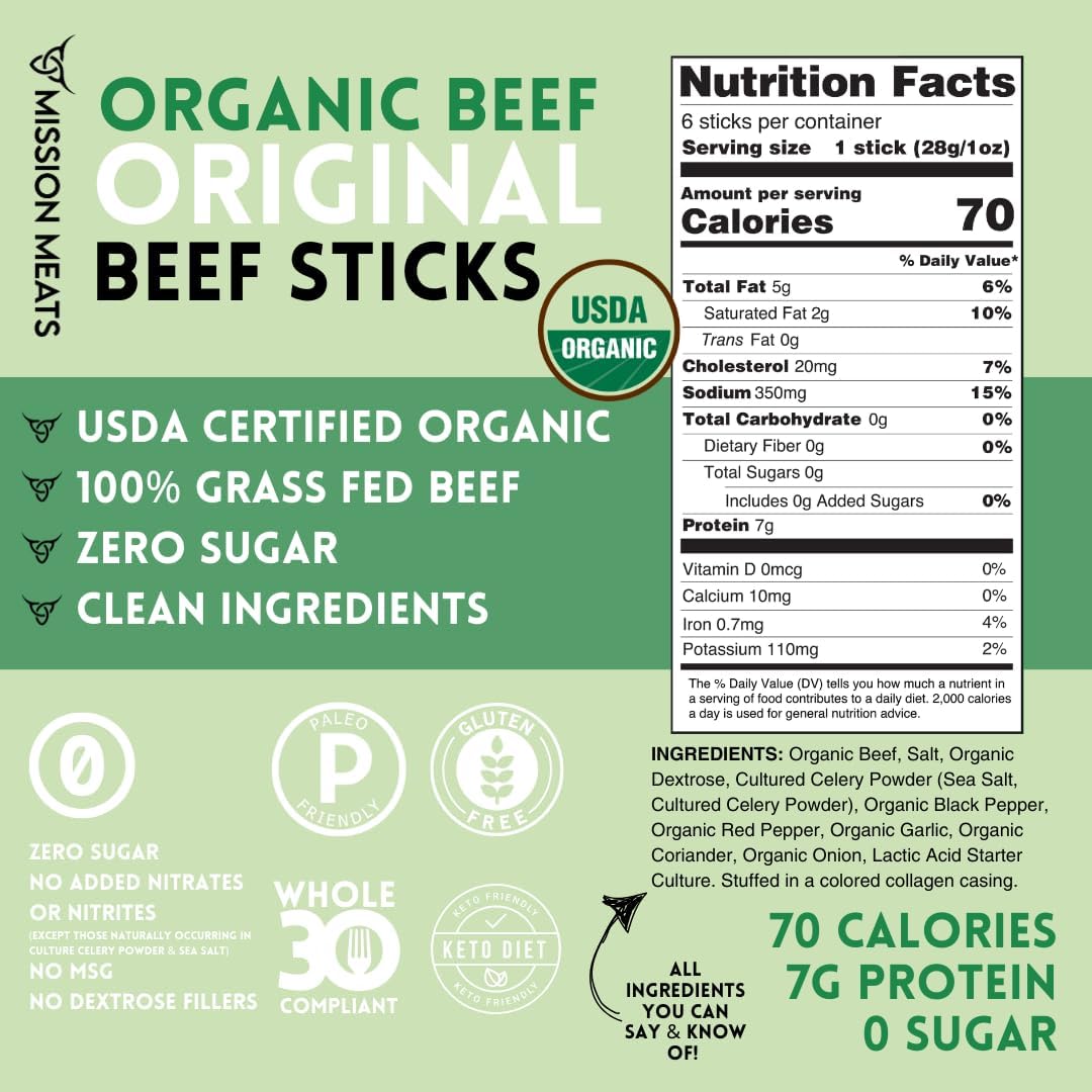 Mission Meats 100% Certified Organic Beef Sticks – Pasture-Raised, Zero Sugar, Non-GMO, Healthy Individually Wrapped Meat Sticks Snack, 0.75oz (24 Count)