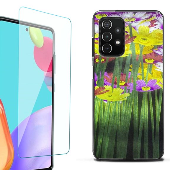 Slim-Fit Flexible TPU Gel Phone Case (black) for Samsung Galaxy A52 5G, with Tempered Glass Screen Protector, by OneToughShield ® - Dream Flower