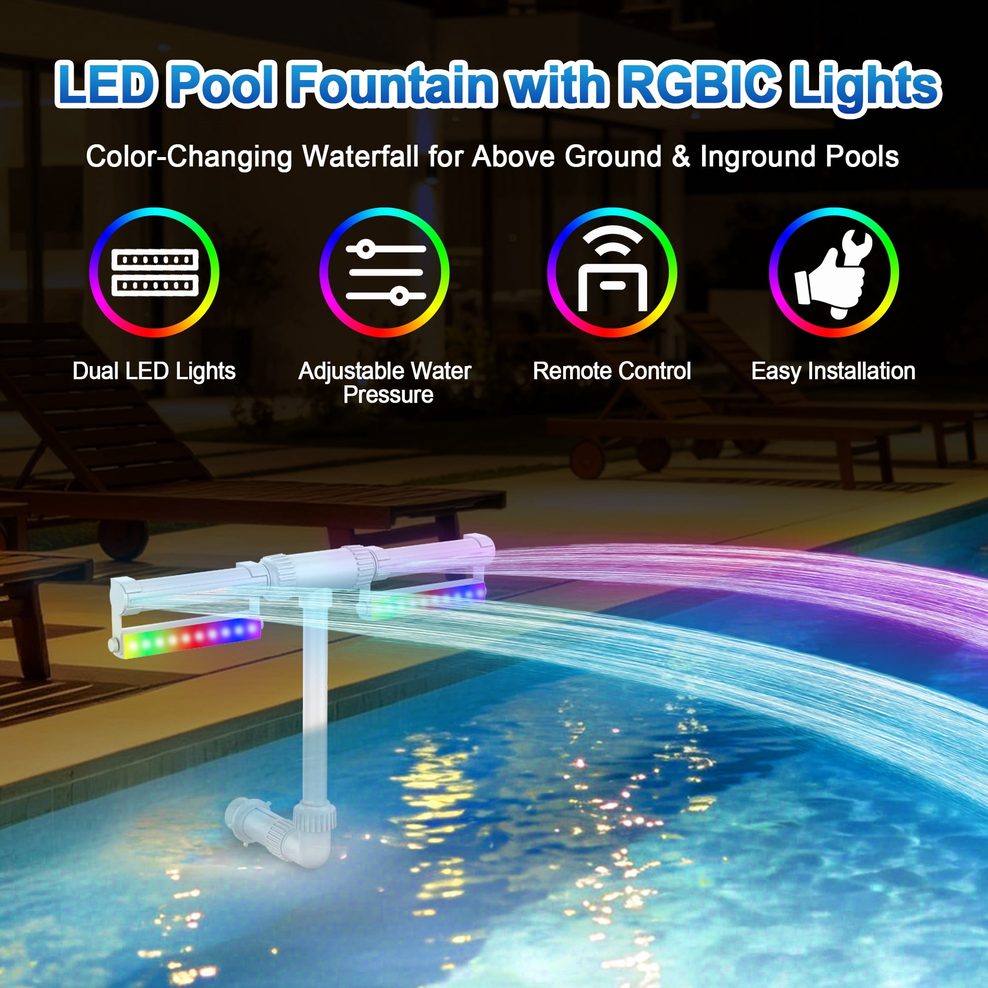 LED Pool Fountain with Dual Lights, Rechargeable 18650 Battery, Return Jet Pool Waterfall for Above Ground & Inground Pools, Adjustable Pressure Sprayer with Remote Control, RGB Color Changing