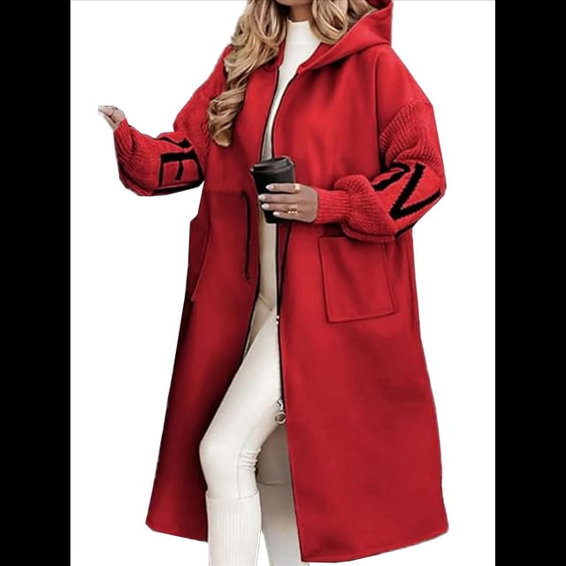 Chaqueta Cortavientos de Punto con Capucha y Larga para Mujer, de Gran Tamaño, Informal, con Cordón Ajustable en la Cintura y Cremallera. Rojo M