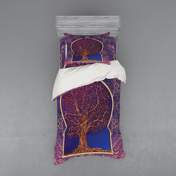 Ethnic Duvet Cover Set, Tree with Curved Leafless Branches Middle Eastern Moroccan Arch Retro Art Design, Bedding Set with Shams and Fitted Sheet, 3 Sizes, by Ambesonne