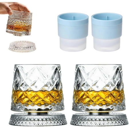 2PC Rotating Whiskey Glass, 360° Rotating Crystal Whiskeys Tumbler Glass, Spinning Cocktail Glasses with Stable Decoupled Base, Unique Whiskey Gifts for Men Husband Father