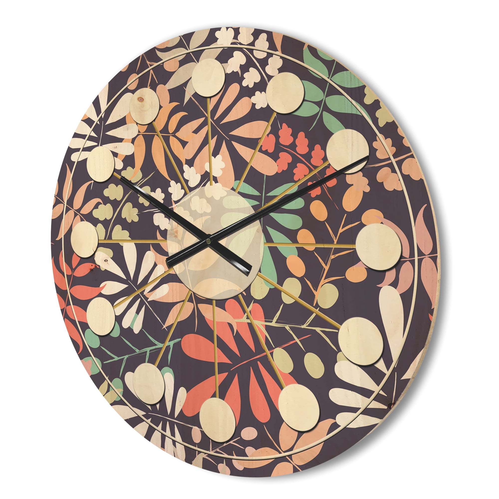 Designart 'Botanical Retro Pattern II' Mid-Century Modern Wood Wall Clock