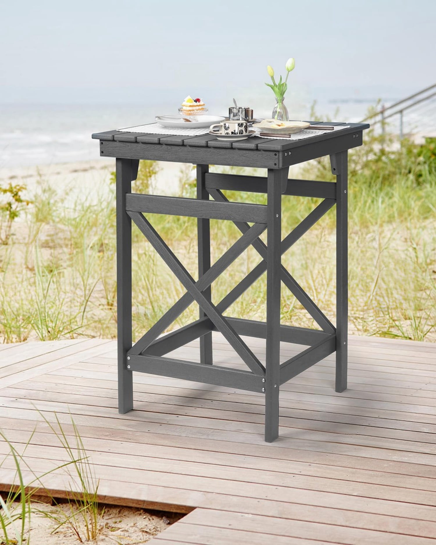 HDPE Outdoor Bar Table, 41" Adirondack Patio Bar Height Table, Weather Resistant High Top Pub Table for Poolside, Balcony, Porch, Garden, Smoke Gray