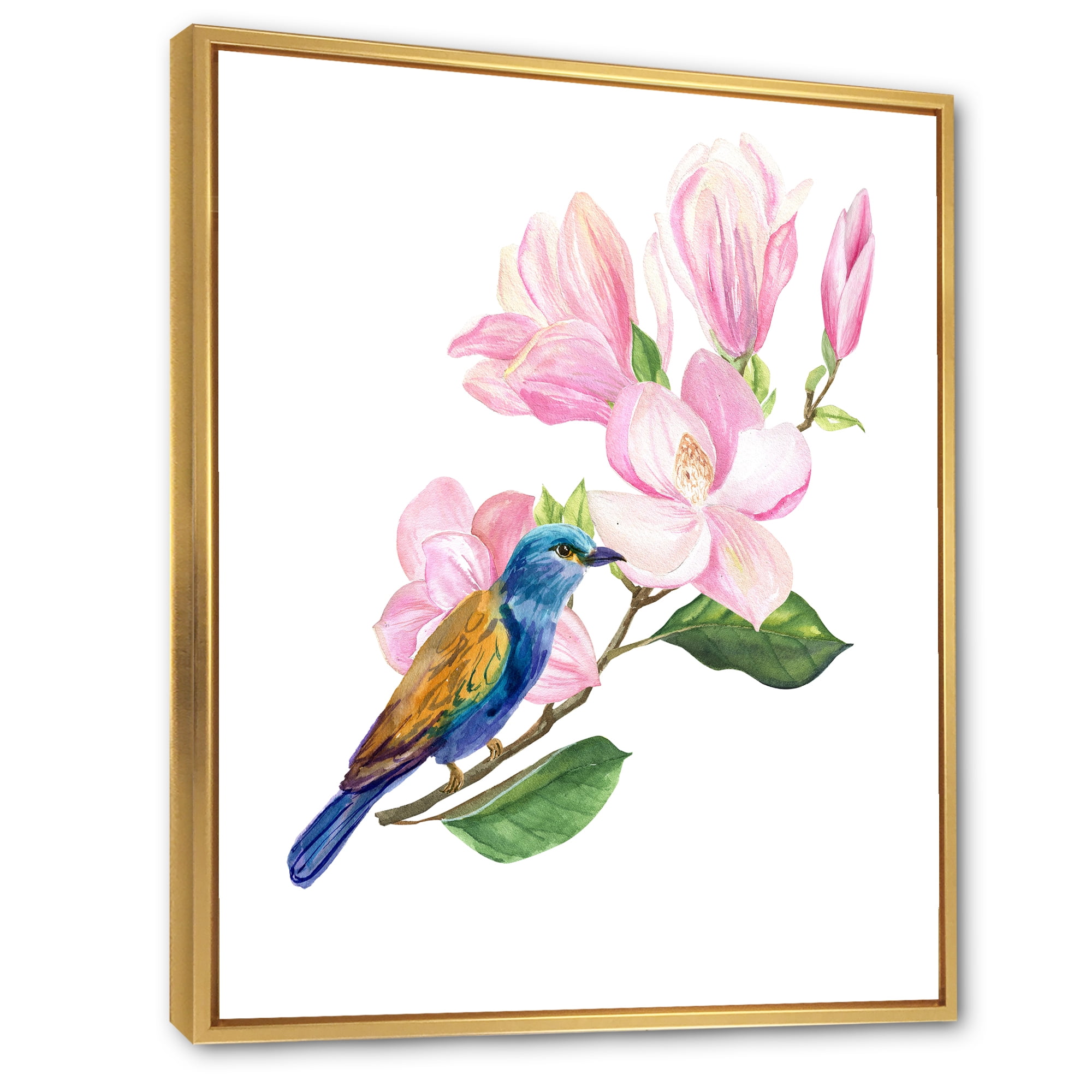 Designart 'Blue Bird Sitting On A Pink Magnolia' Traditional Framed Canvas Wall Art Print