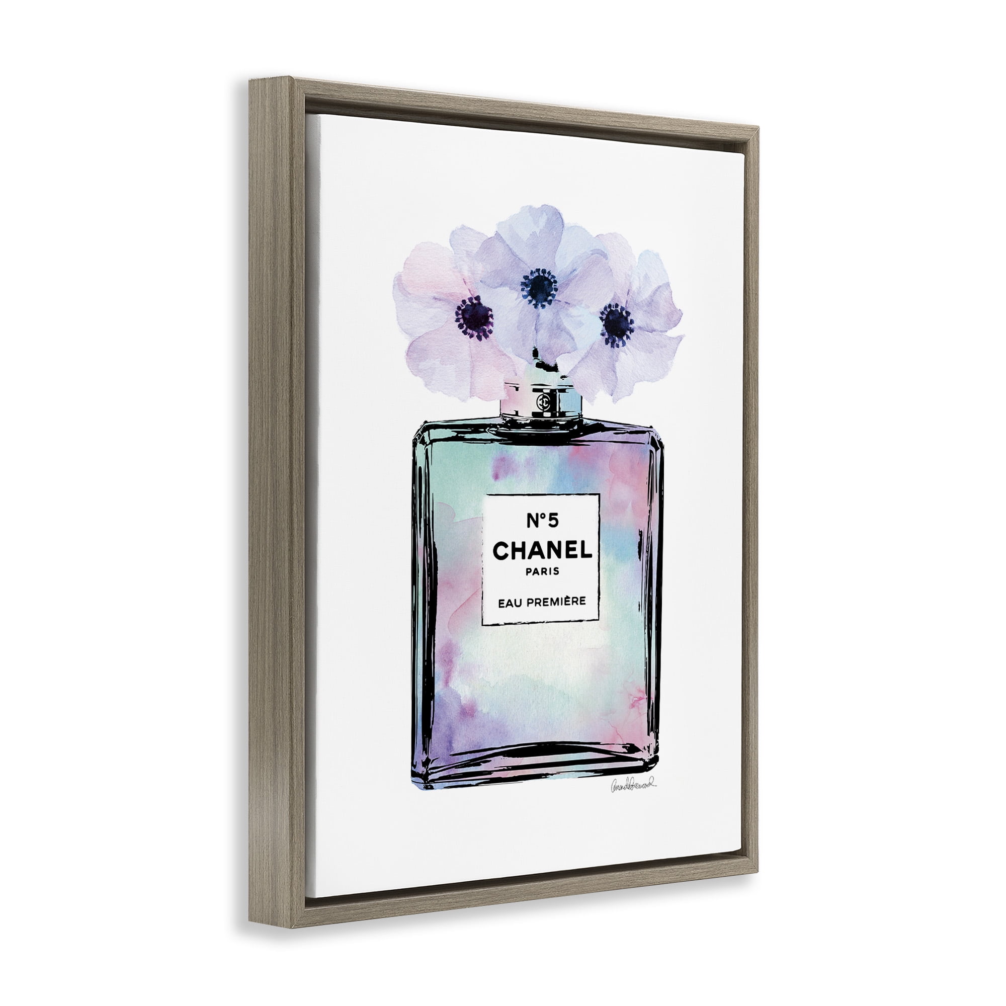 Stupell Industries Purple Flower Glam Perfume Beauty & Fashion Painting Brown Floater Framed Canvas Art Print Wall Art, 17 x 21