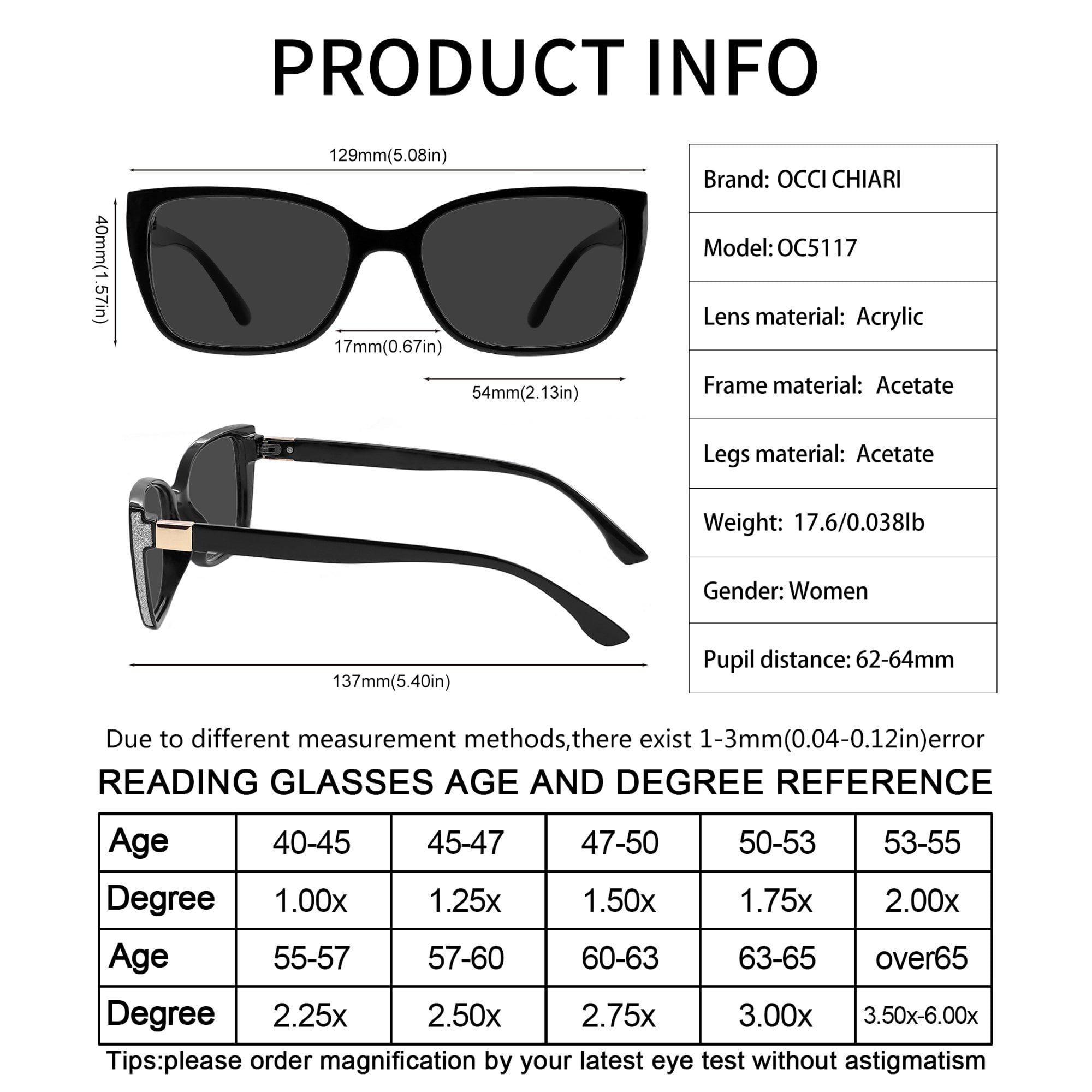 OCCI CHIARI Women's 3.50 Reading Glasses Sunglasses Blue Light Sunglass UV Protection Black Readers 1.0 1.25 1.5 1.75 2.0 2.25 2.5 2.75 3.0 3.5 with Acrylic Lens