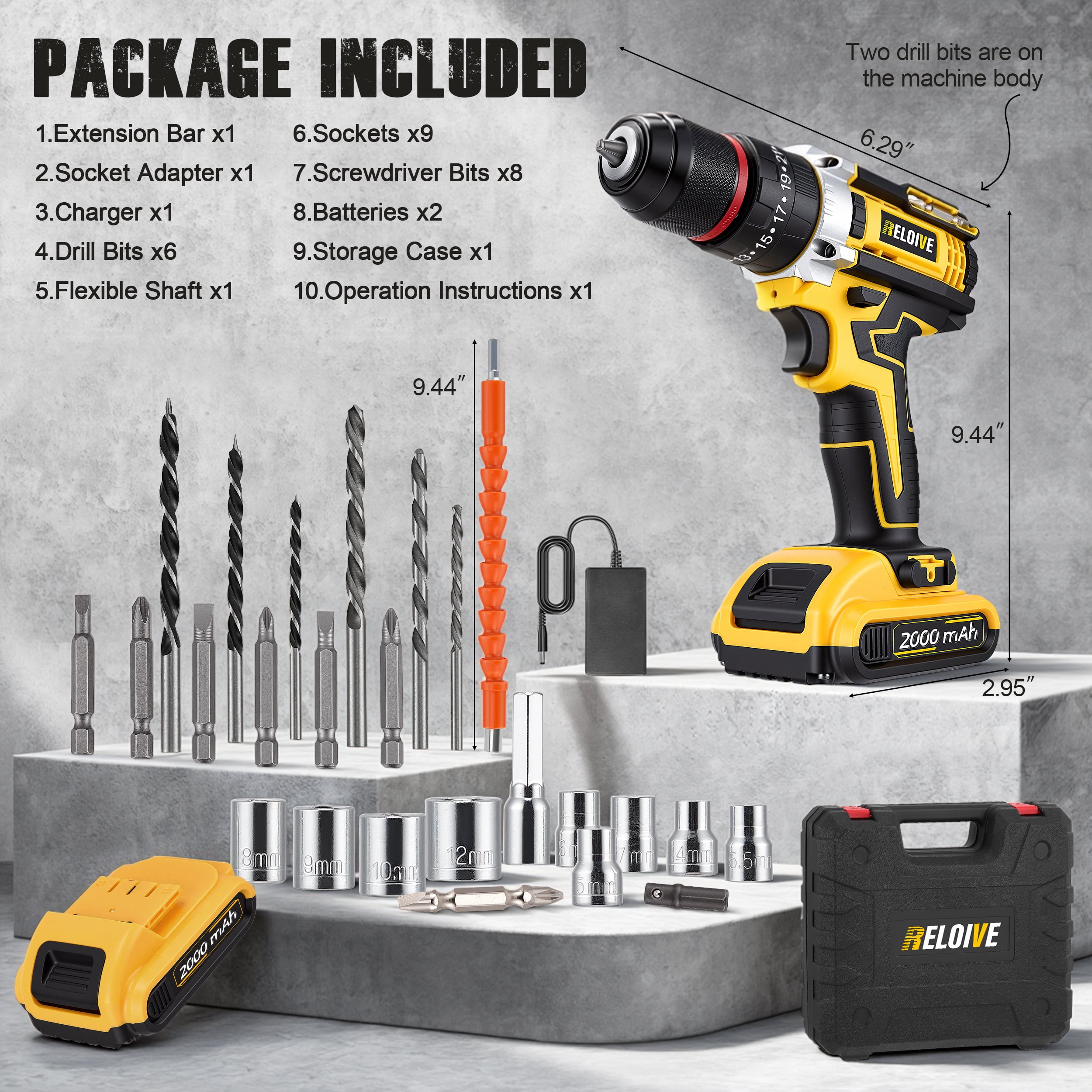 RELOIVE 21V Cordless Drill Driver,Power Drill Set with 2×2000mAh Batteries,4-in-1 Function,45N.m Max Torque,3/8" Keyless Chuck, 25+3 Position