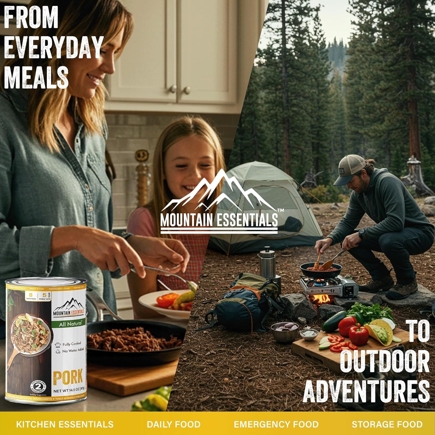 Mountain Essentials Canned Pork 14.5 oz (Pack of 6) – Fully Cooked Ready-to-Eat Pork Meat, Shelf Stable Protein, Gluten Free, No Carbs, Emergency Food Supply, Camping & Pantry Staple, Made in USA