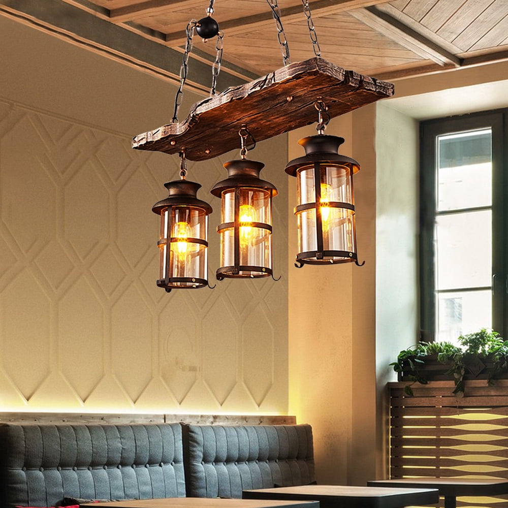 Antique Retro 3-Light Chandelier, Wood & Iron Pendant Light, Rustic Ceiling Light for Home, Bar, Restaurant, Café, Vintage Lighting Fixture