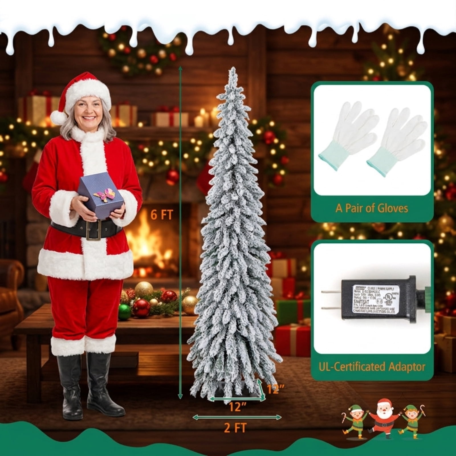 RUIE 6 ft Snow-Flocked Pencil Christmas Tree, Pre-Lit Slim Green White Xmas Tree with 250 Dual-Color LED Lights, 11 Modes, Timer