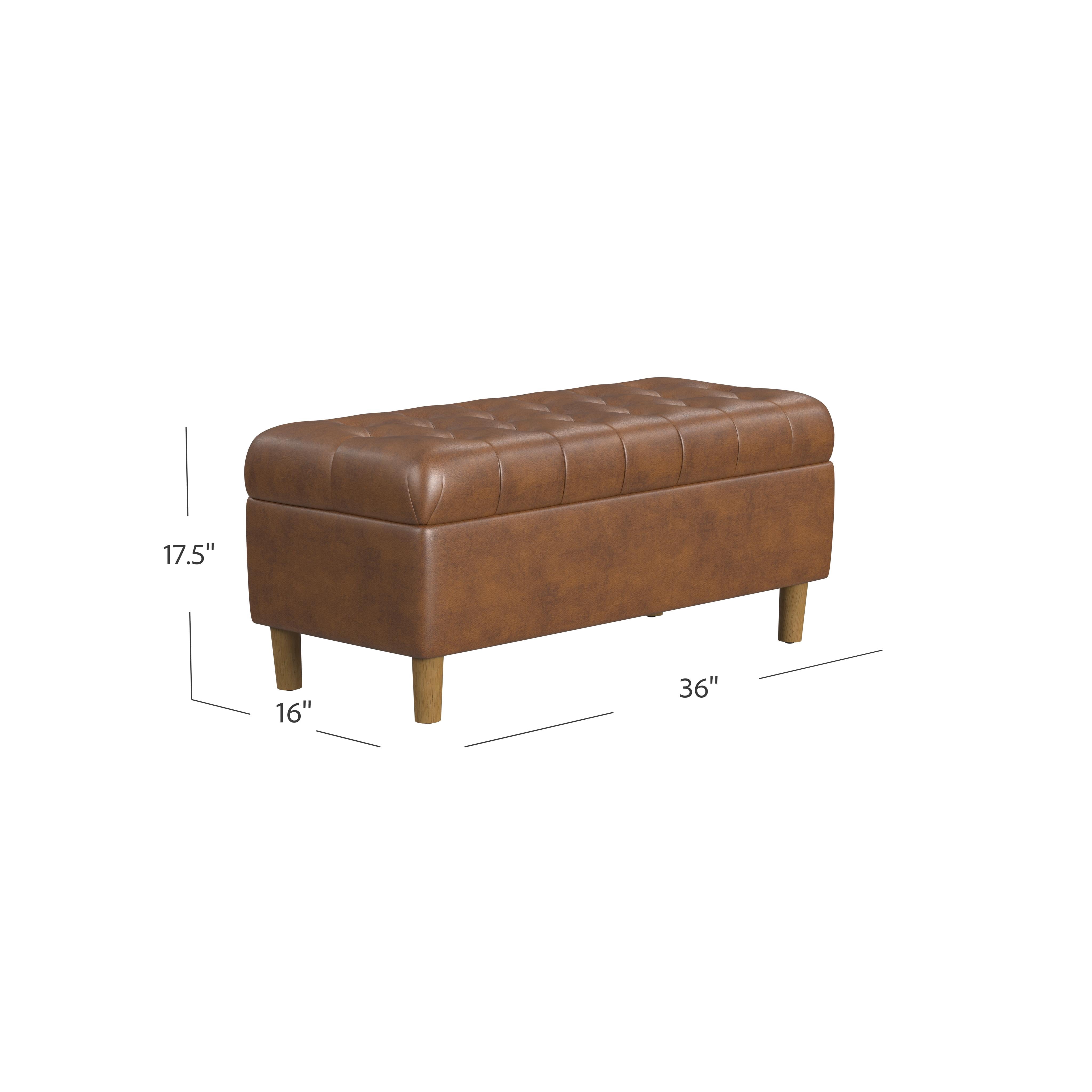 HomePop Button Tufted Storage Bench, 40"W x 18"D x 18"H, Brown Faux Leather
