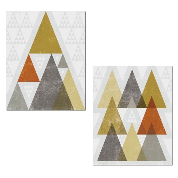 Mod Triangles | Grey, White, Orange and Gold Triangular Geometric Patterned Set by Michael Mullan; Two 11x14in Paper Poster Prints