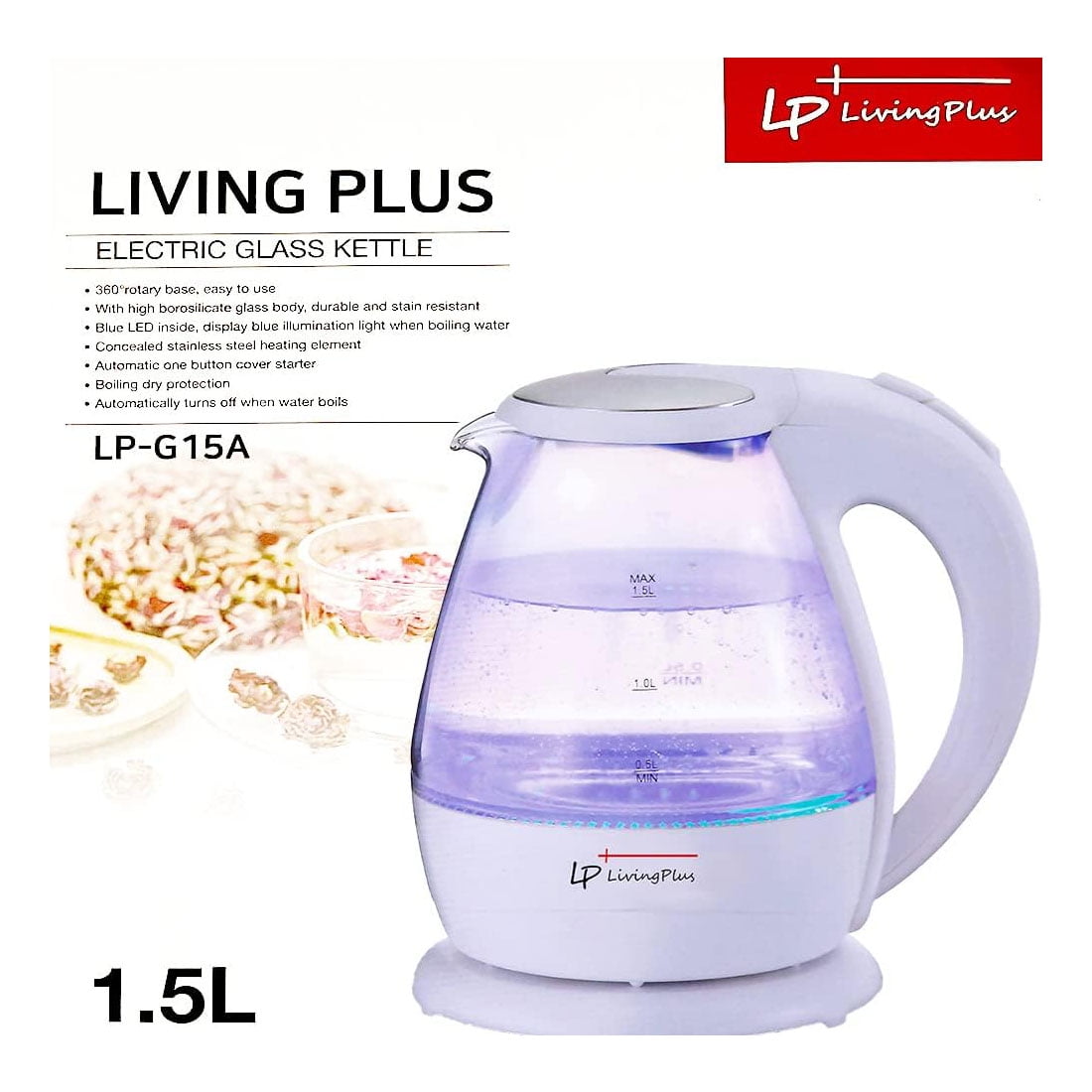 LP Living Plus Borosilicate Glass Electric One touch Automatic switch Tea Kettle and Water Boiler 1.5L