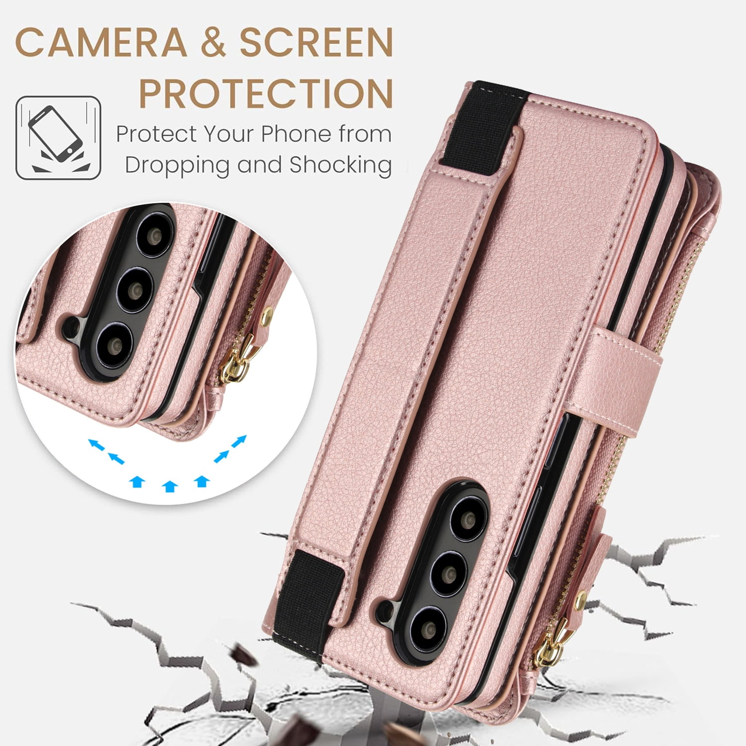 Allytechgroup for Samsung Galaxy Z Fold 7 Case Wallet, 7 Cards Slots Cash Zipper Pocket S Pen Holder Hand Strap Wrist Flip Cover Protective Phone Case for Samsung Galaxy Z Fold 7,Rosegold